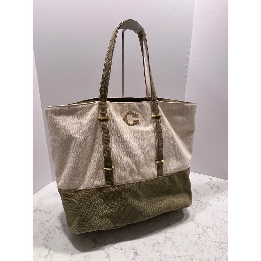 C Wonder Canvas Colorblock Tote Bag Cream Olive Green Gold‎ Logo Large Shopper